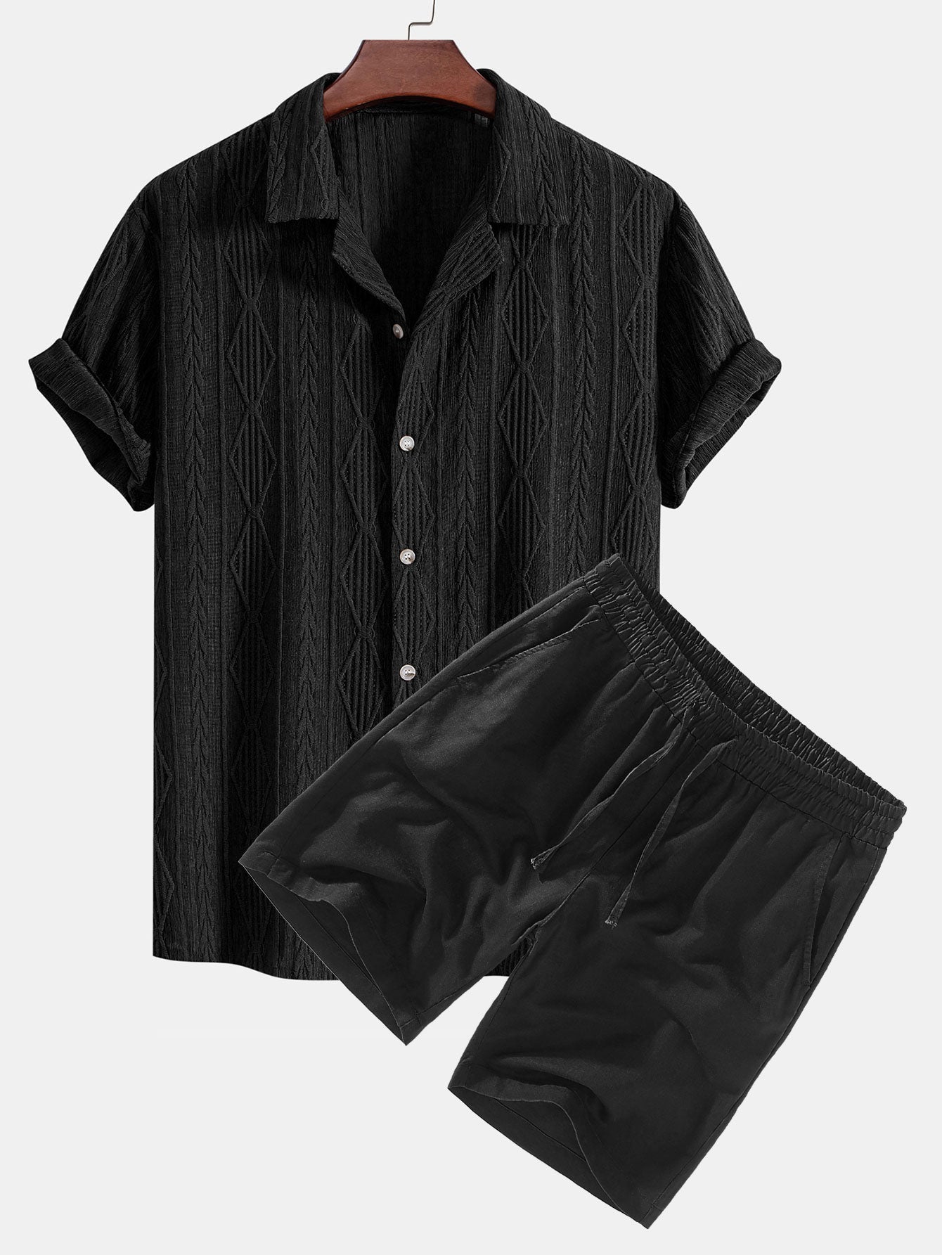 Geometric Jacquard Eyelet Cuban Shirt & Linen Drawstring Shorts