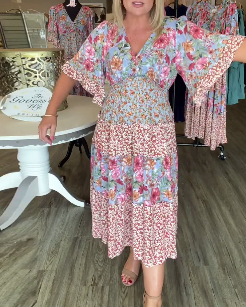 V-Neck Lotus Sleeve Floral Dress