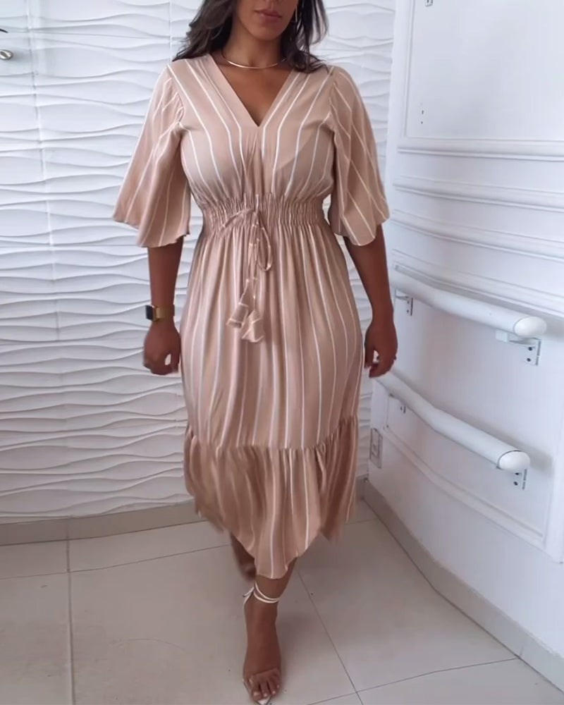 Stripe print drawstring casual dress