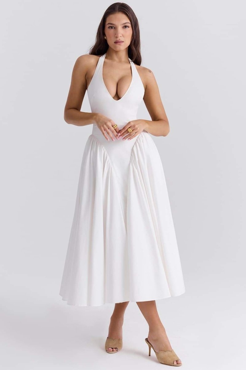 PLEATED STITCHING DEEP V NECK HALTER WAIST PLAIN MIDI DRESSES