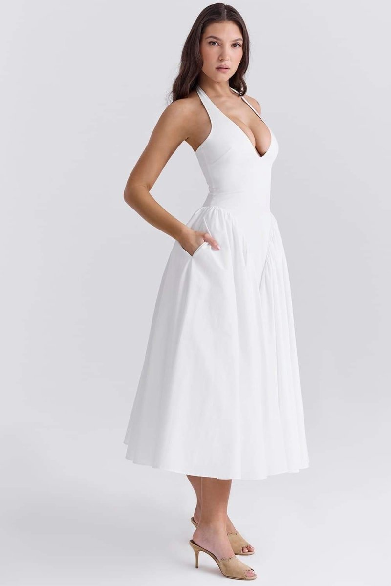 PLEATED STITCHING DEEP V NECK HALTER WAIST PLAIN MIDI DRESSES