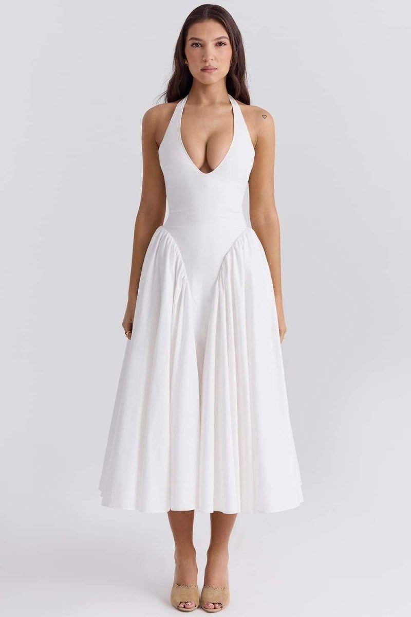 PLEATED STITCHING DEEP V NECK HALTER WAIST PLAIN MIDI DRESSES