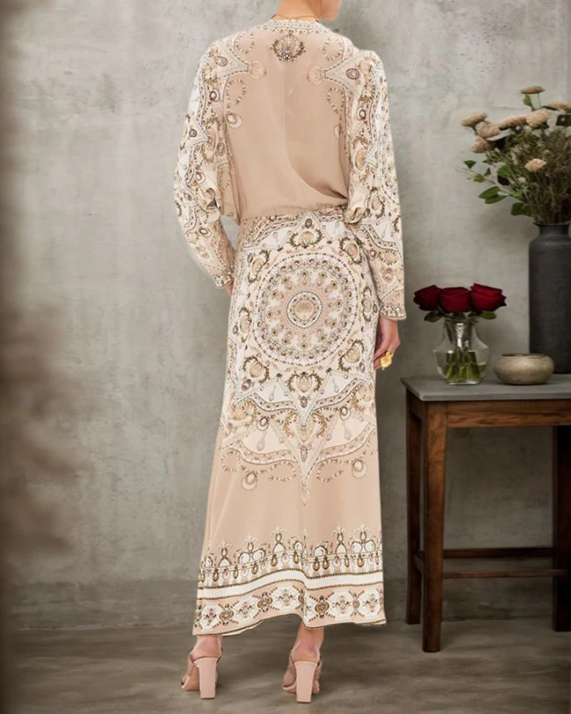 V-neck retro palace style print dress