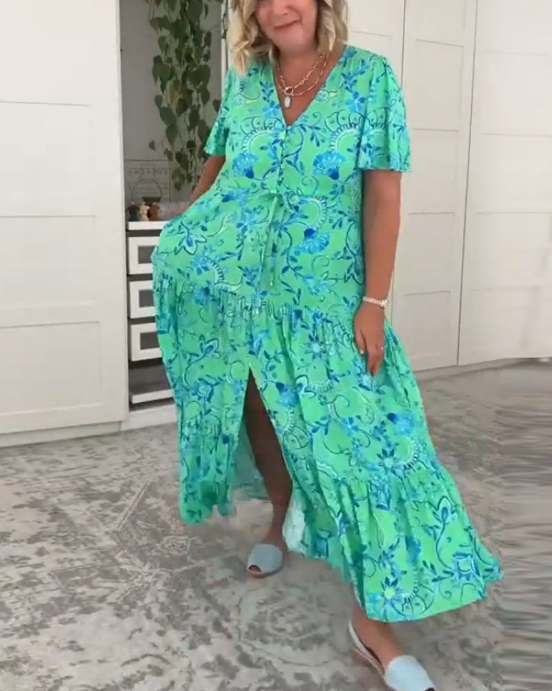 Short-sleeved pocket printed dress