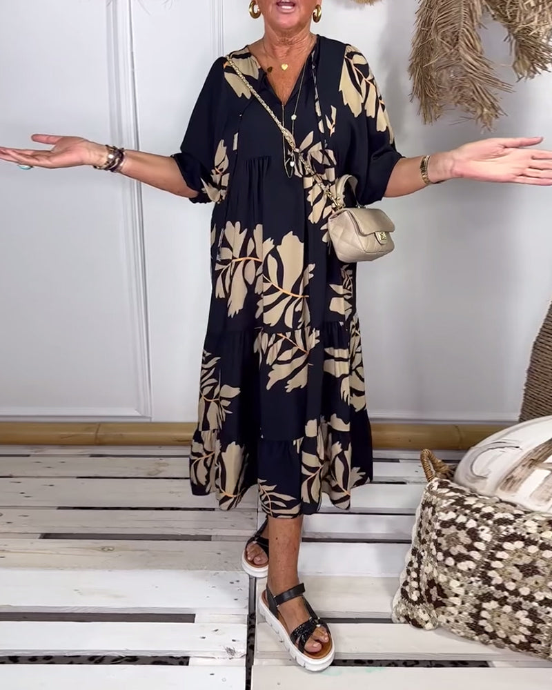 Contrast leaf print casual dress