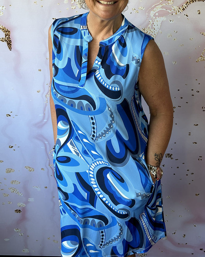Printed sleeveless stand collar pocket dress