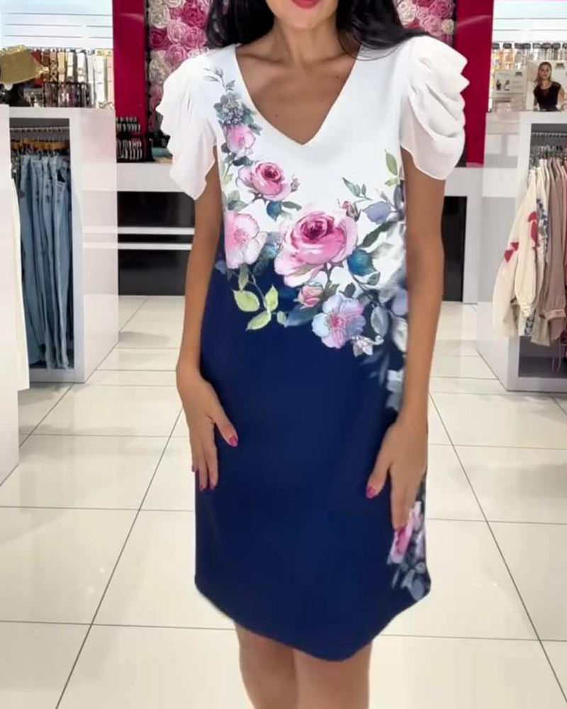 Puff Sleeve V-Neck Rose Floral Dress