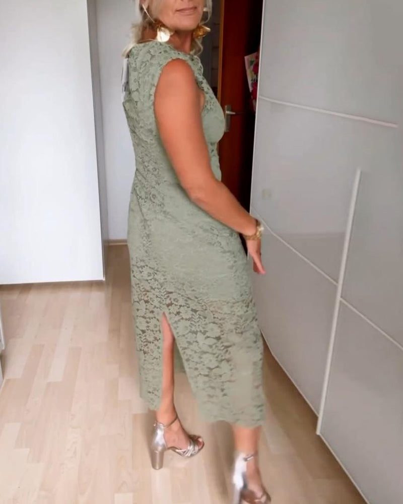 Lace sleeveless elegant slit dress