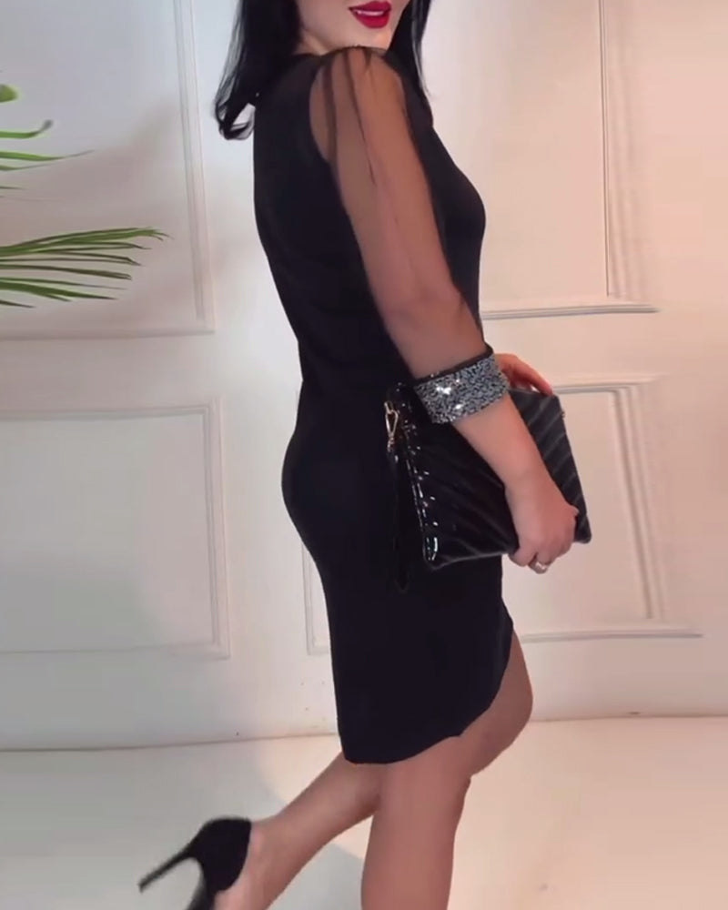 V-Neck Mesh Stitching Slim Dress