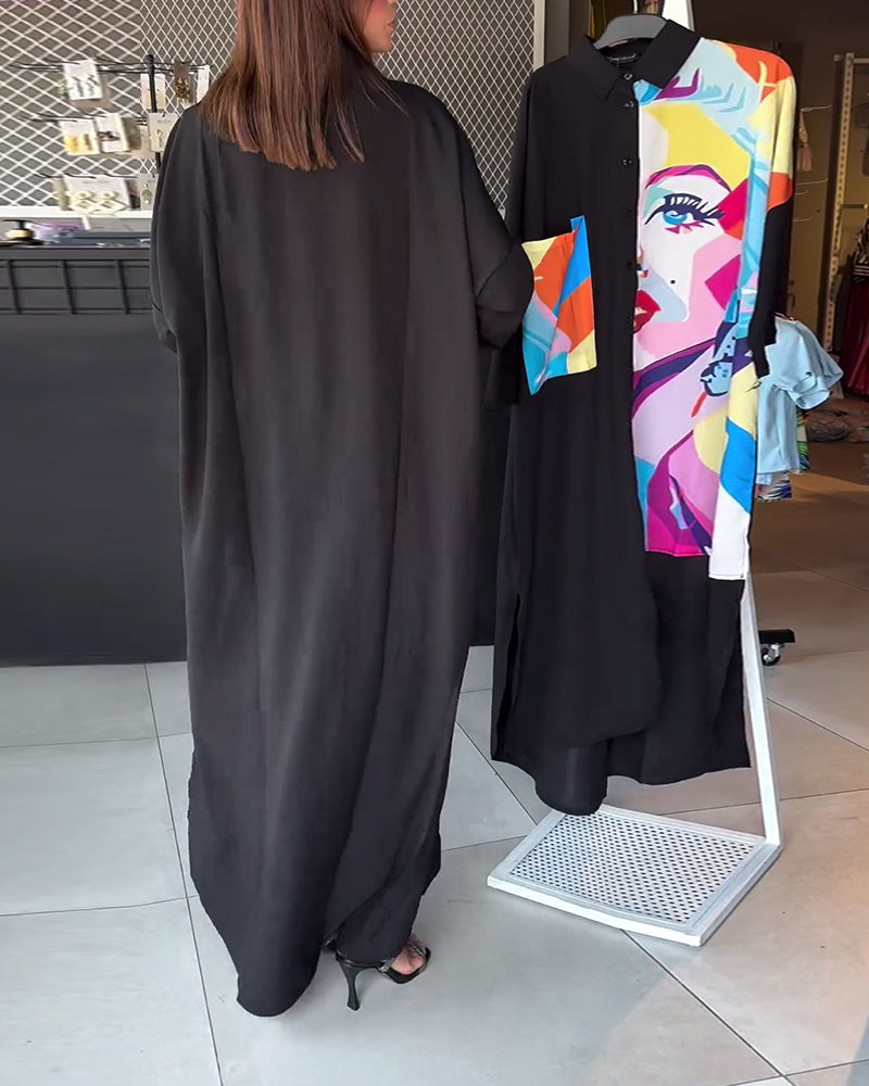 Fashionable rose character print lapel asymmetric dress