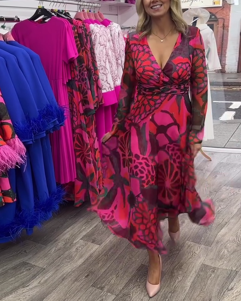 Deep V waisted wide swing dress