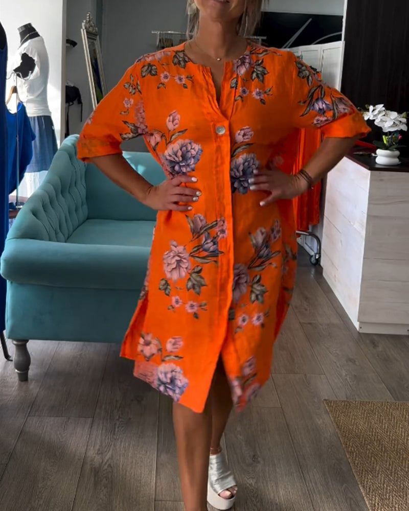 Button printed V-neck dress