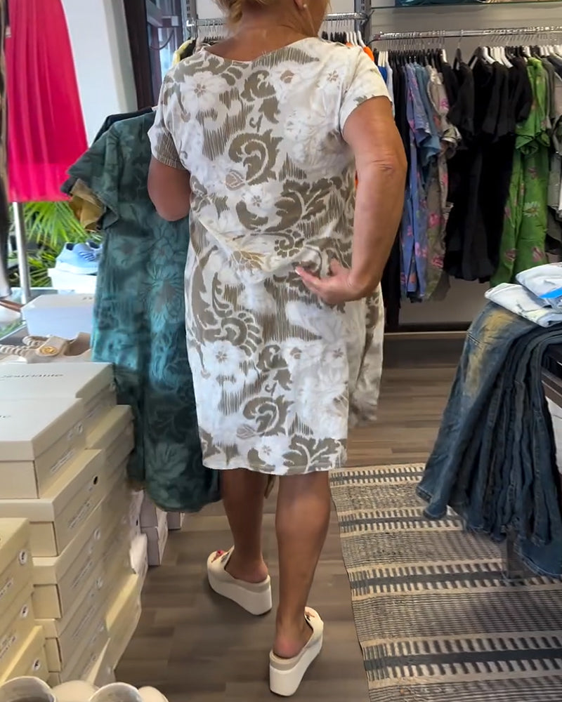 Round Neck Printed Short Sleeve Shift Dress