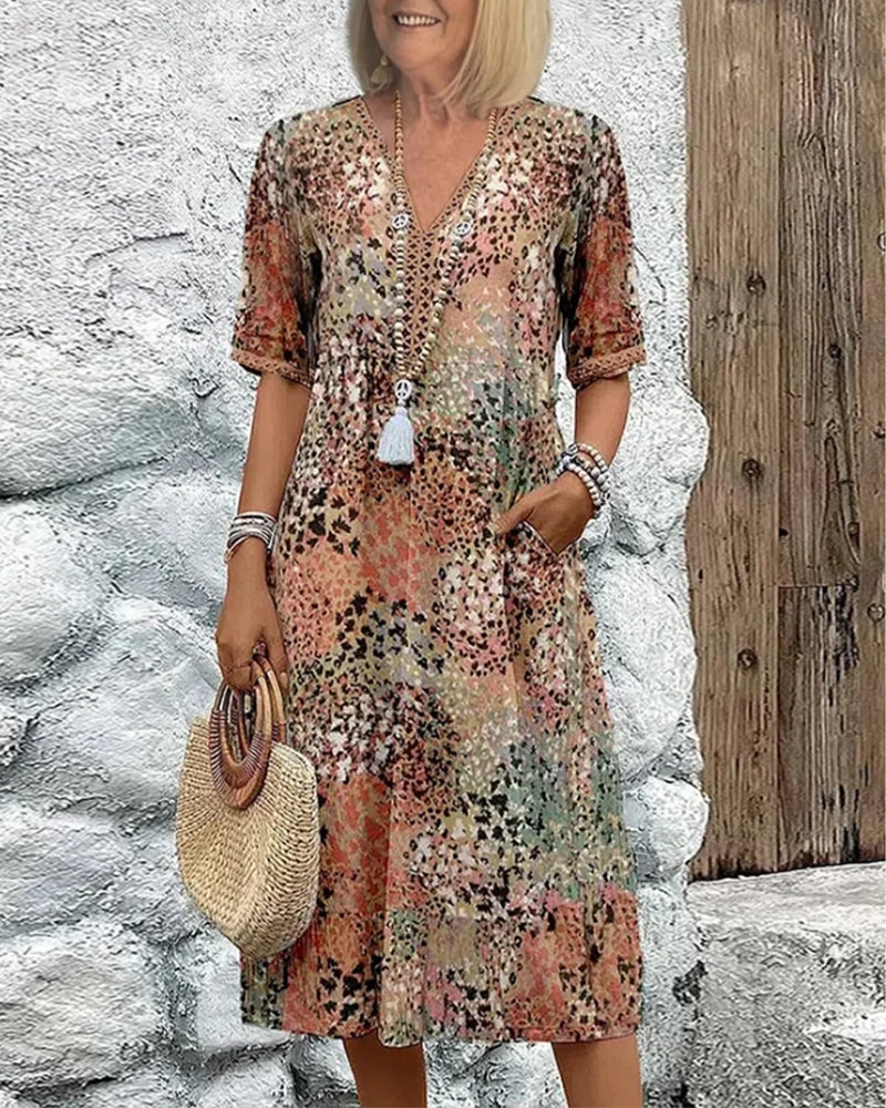 V-Neck Printed Short-Sleeved Dress