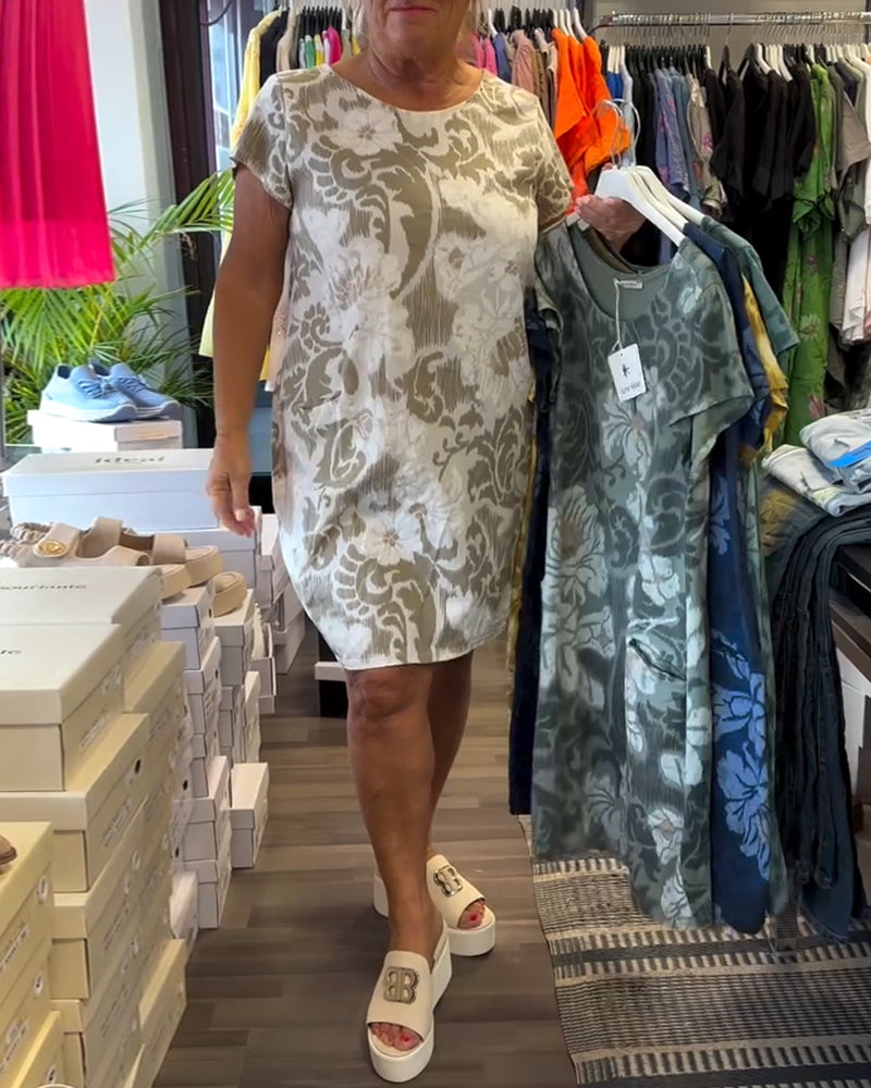 Round Neck Printed Short Sleeve Shift Dress