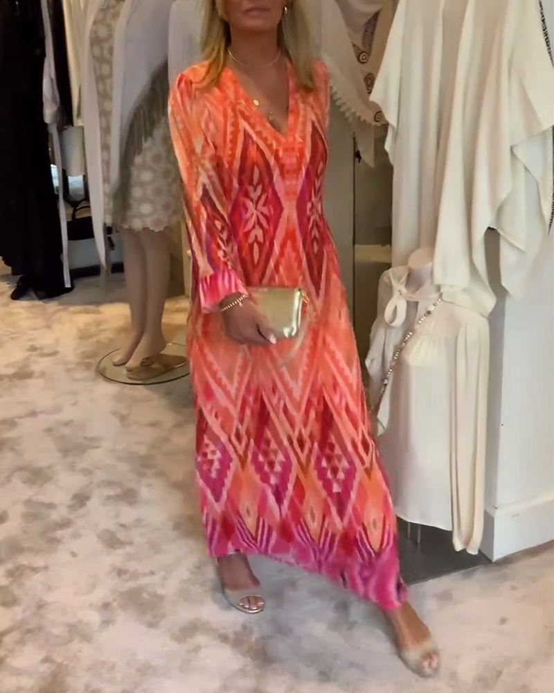 Retro geometric print deep v long sleeve dress