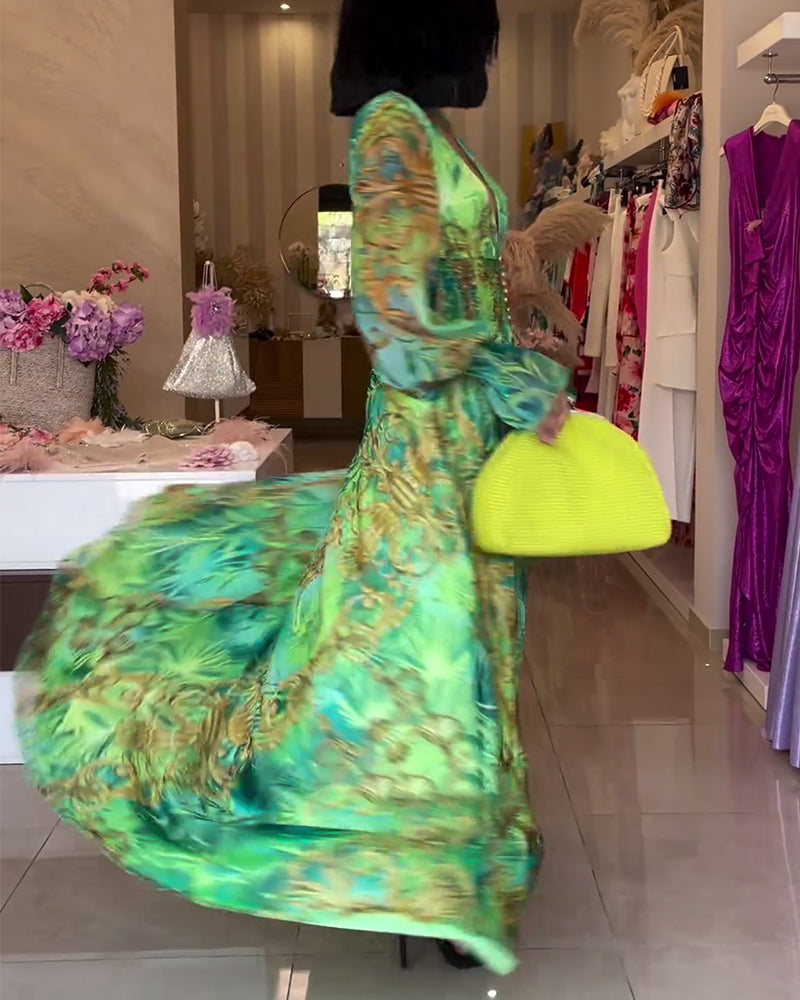 Deep V waisted high-end printed dress