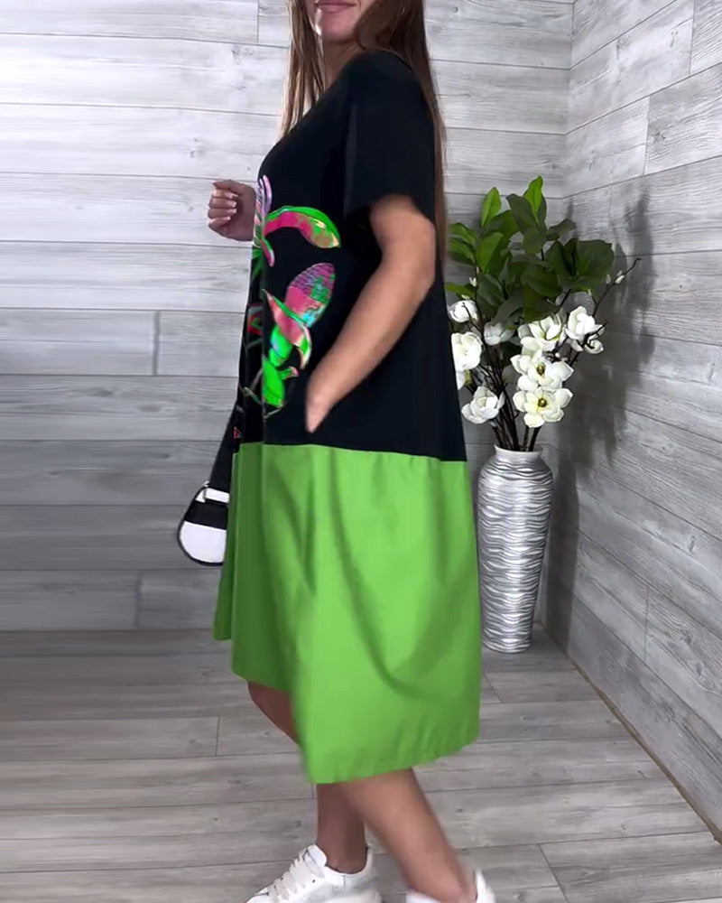 Round Neck Casual Printed Contrast Color Dress