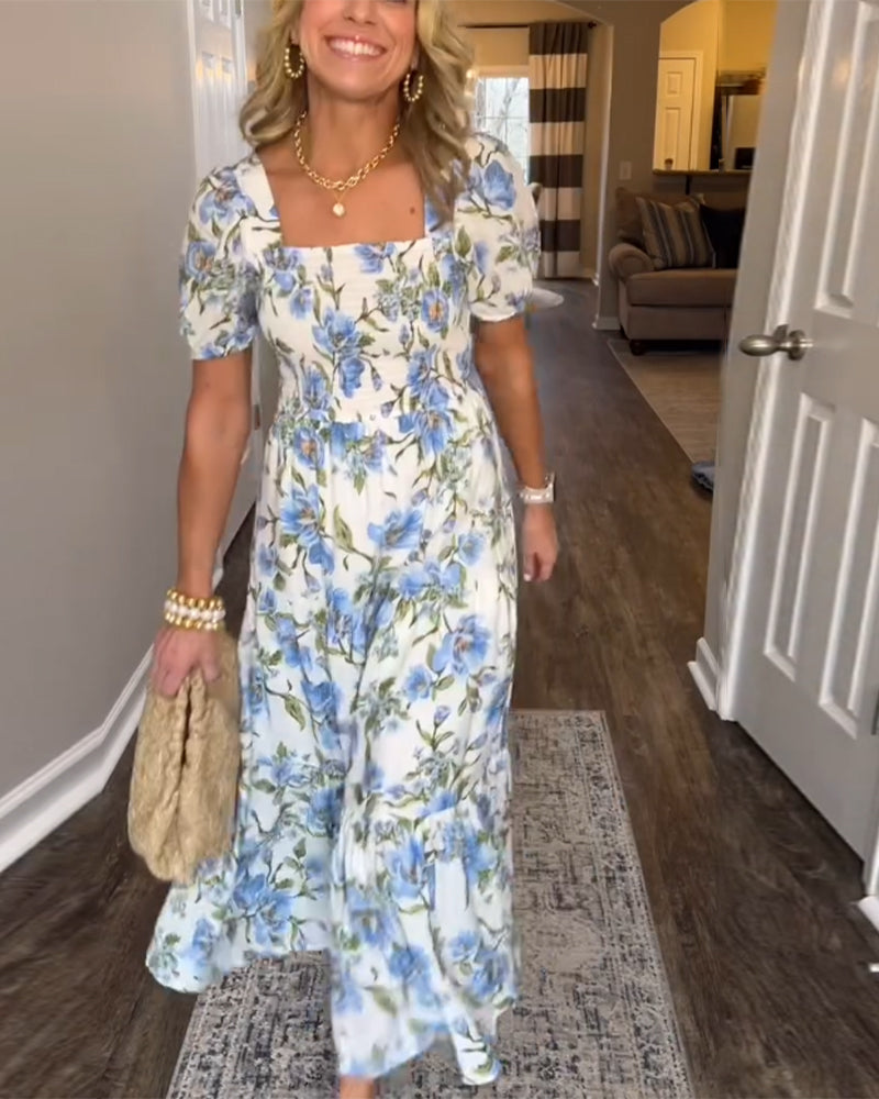 Square Neck Pleated Floral A-Line Dress