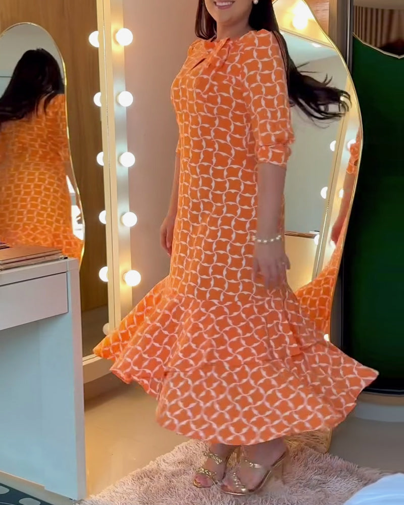 Half Sleeve Round Neck Waist Print Dress