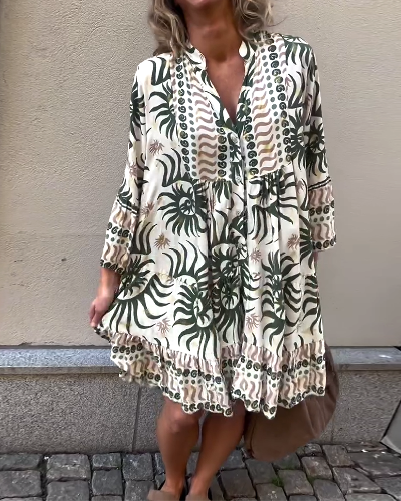 Bell Sleeve Loose Printed Holiday Dress