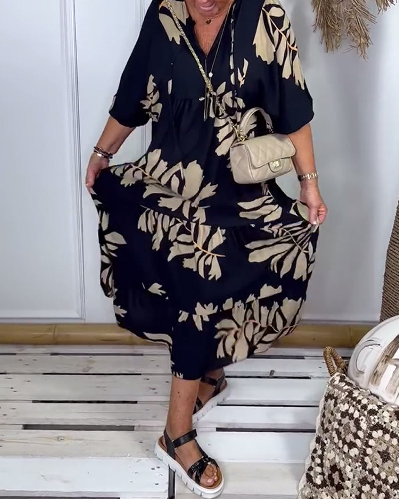 Contrast leaf print casual dress