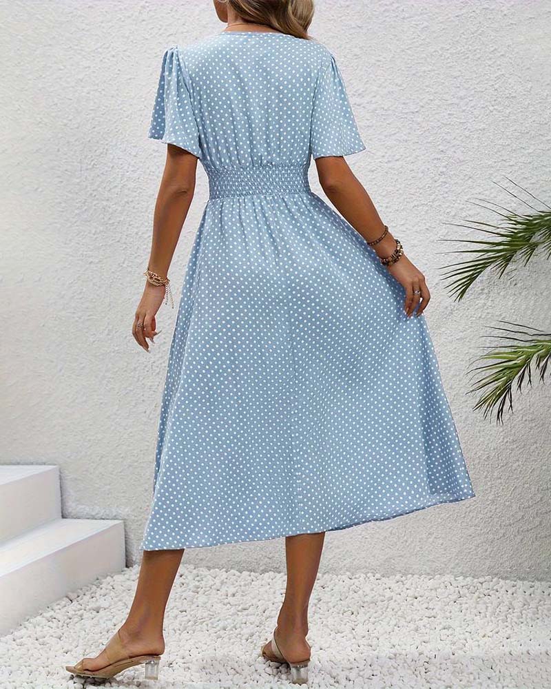 Elegant polka dot print butterfly sleeve waist dress