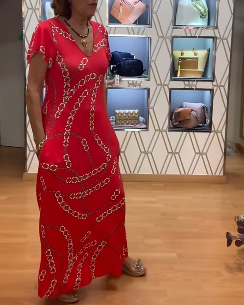 V-Neck Chain Print Maxi Dress