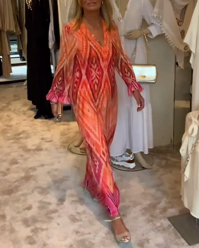 Retro geometric print deep v long sleeve dress