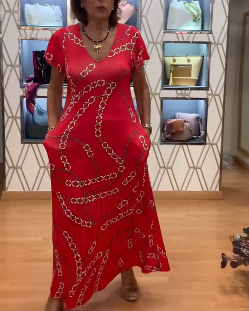 V-Neck Chain Print Maxi Dress