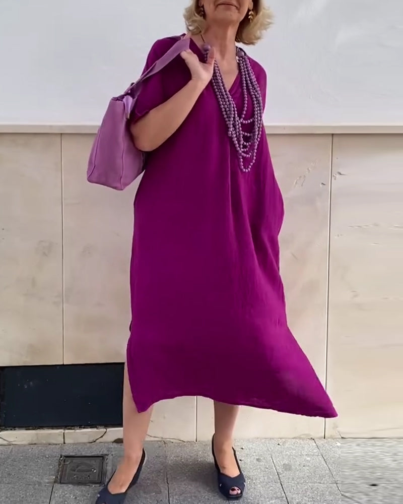 V-Neck Solid Color Simple Long Dress