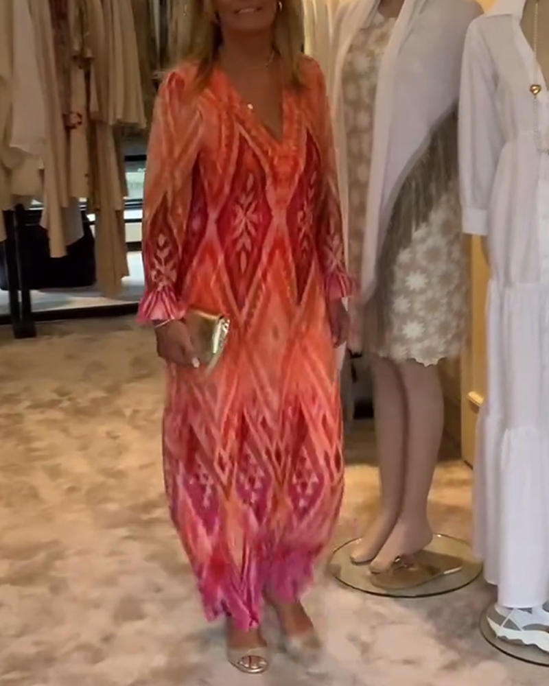 Retro geometric print deep v long sleeve dress