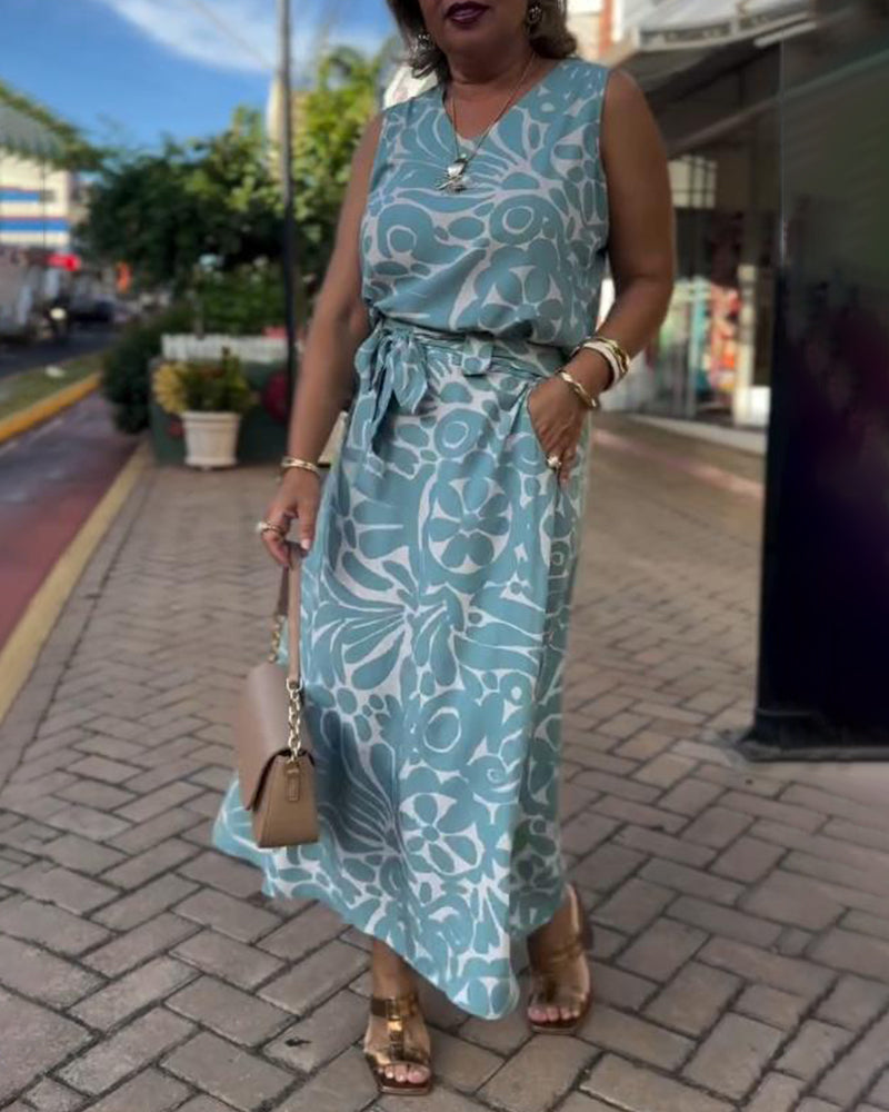 Sleeveless Printed Tie Waist Dress
