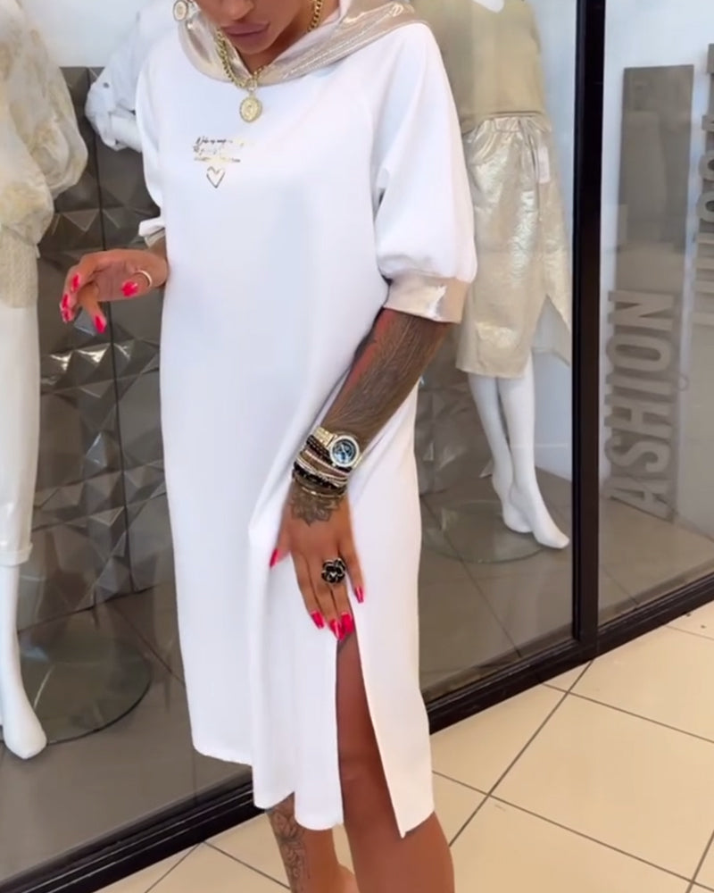 Hooded Solid Color Loose Slit Dress