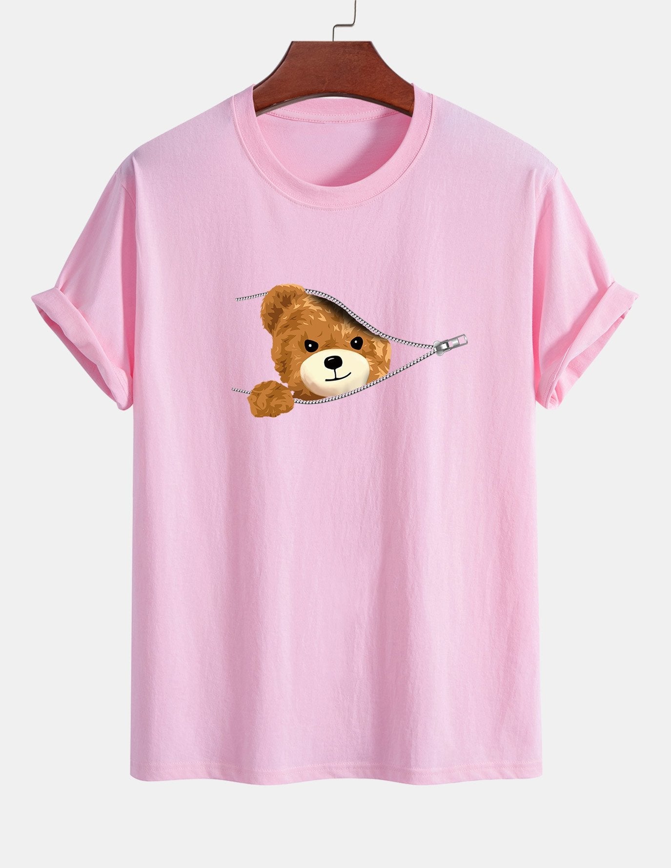 Regular Fit Zipper Bear Print Cotton T-Shirt