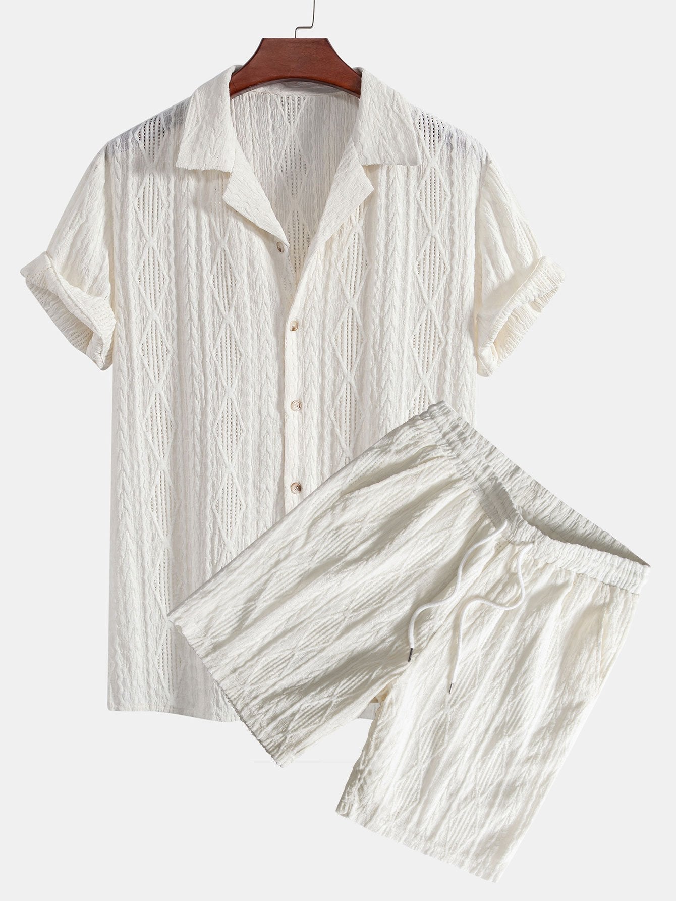 Geometric Jacquard Eyelet Cuban Shirt & Textured Shorts With Lining
