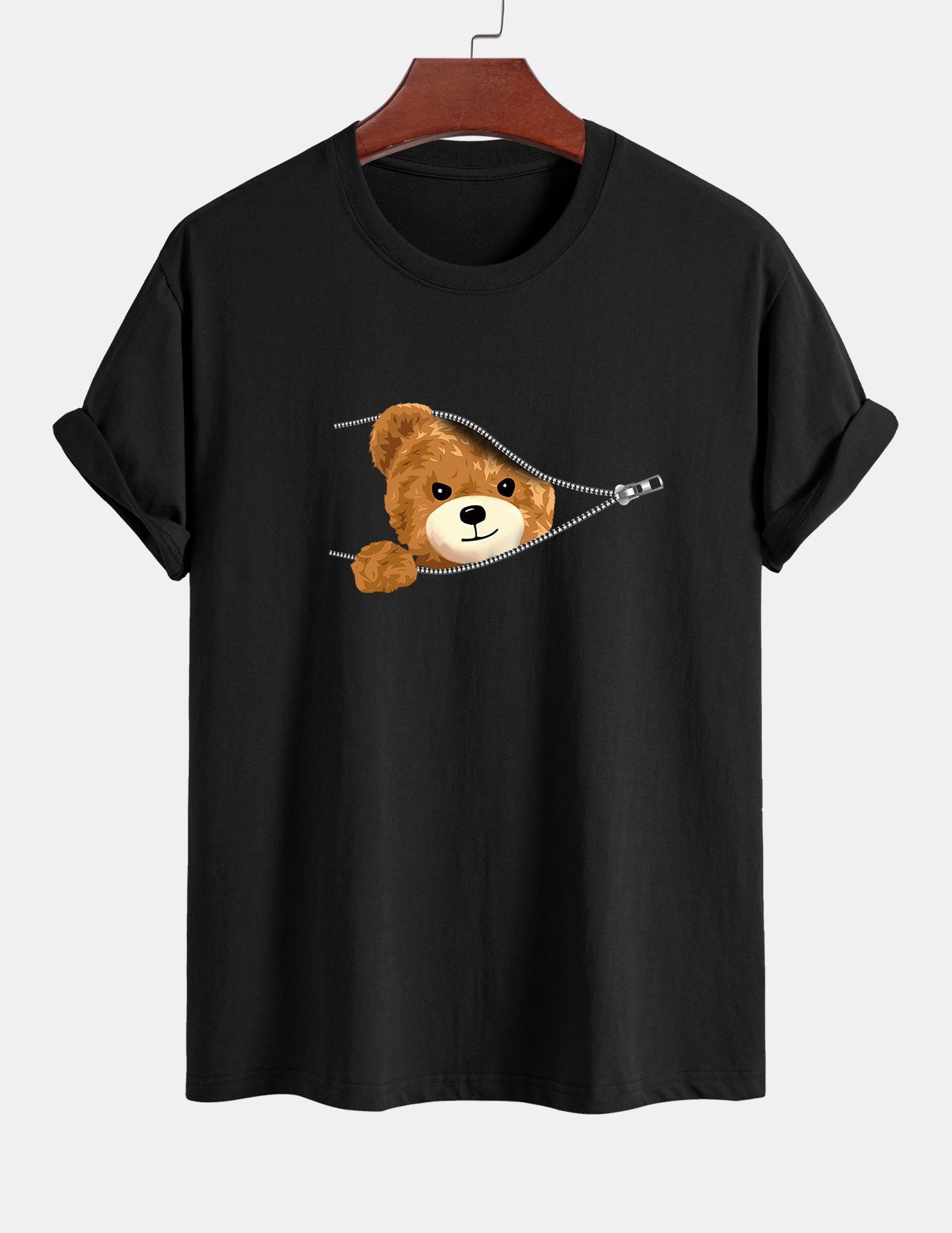 Regular Fit Zipper Bear Print Cotton T-Shirt