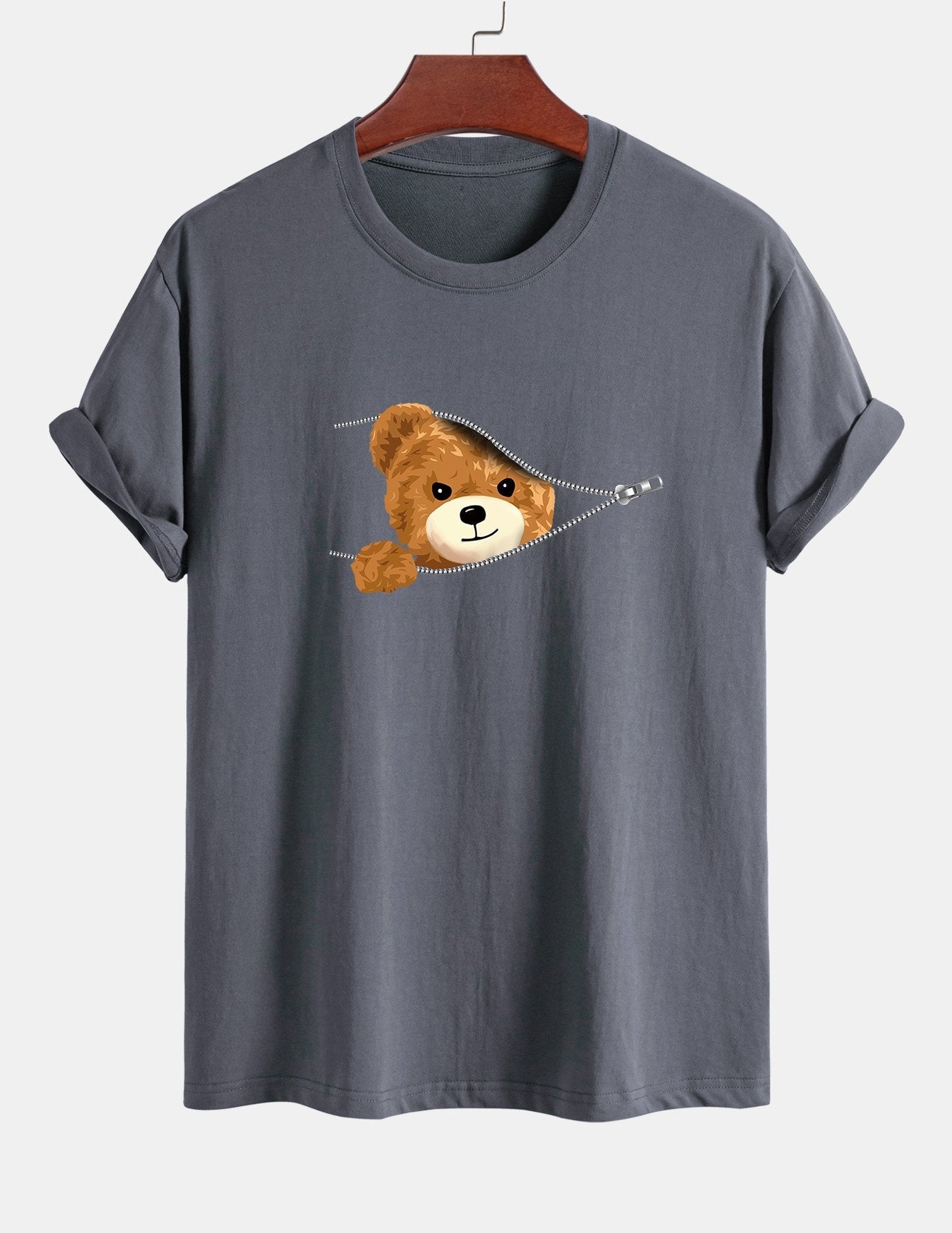 Regular Fit Zipper Bear Print Cotton T-Shirt