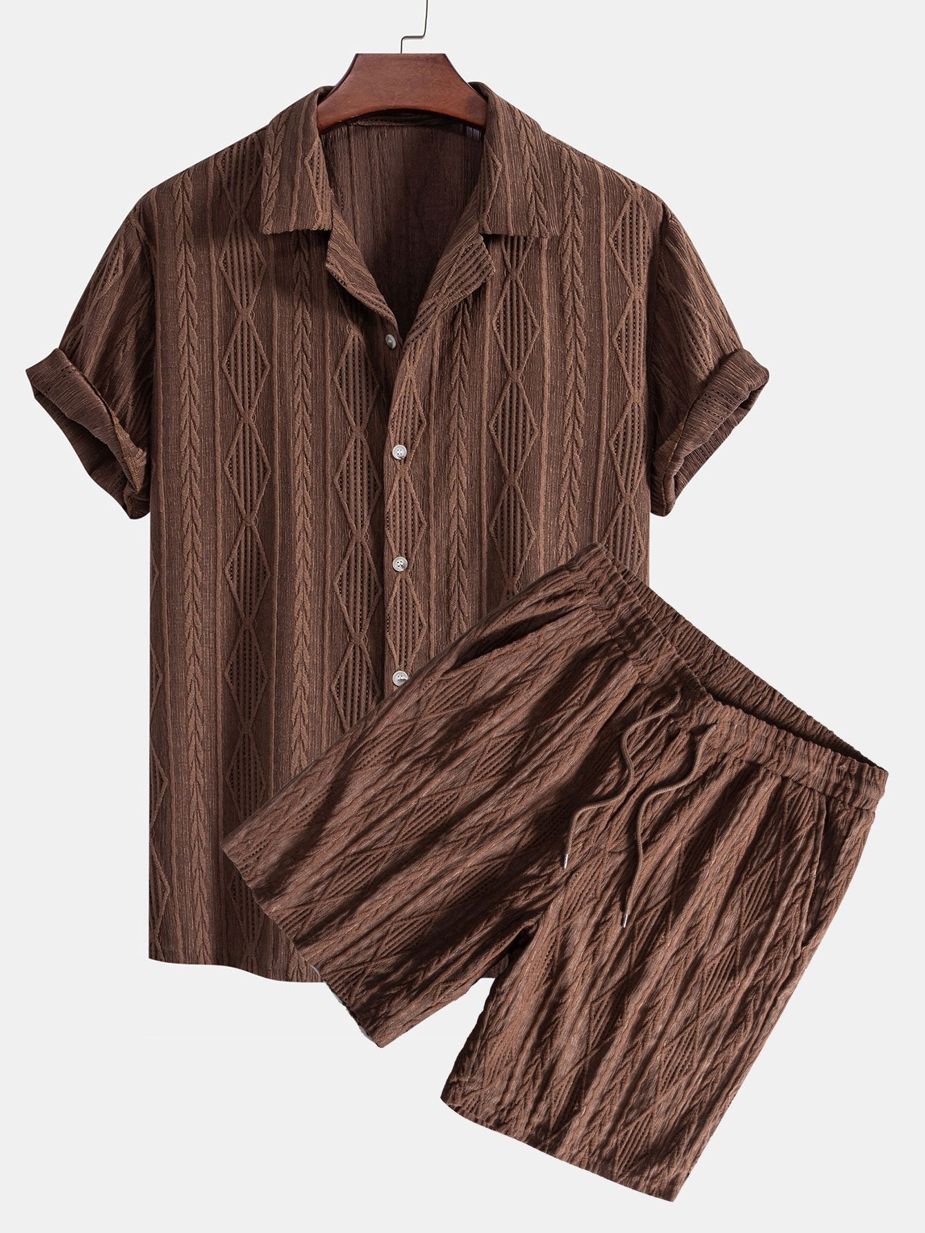 Geometric Jacquard Eyelet Cuban Shirt & Textured Shorts With Lining