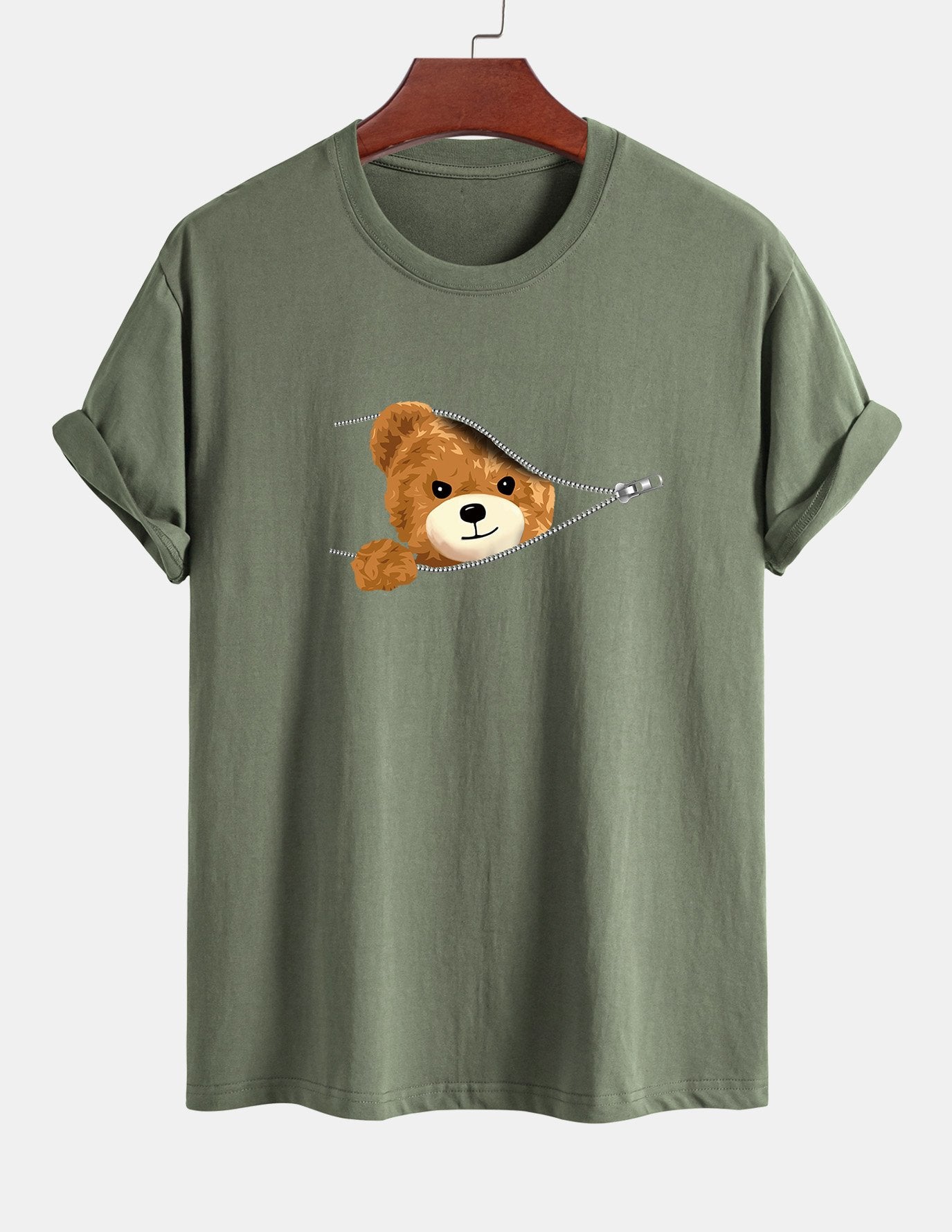 Regular Fit Zipper Bear Print Cotton T-Shirt