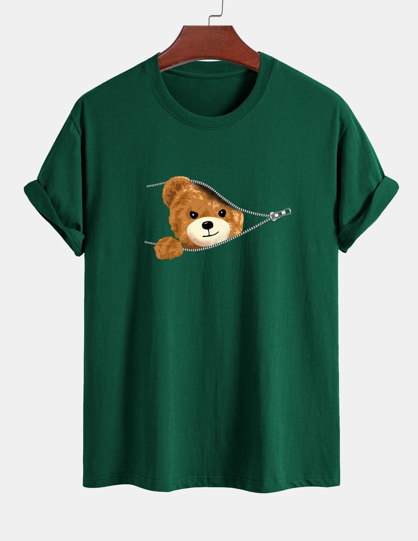 Regular Fit Zipper Bear Print Cotton T-Shirt