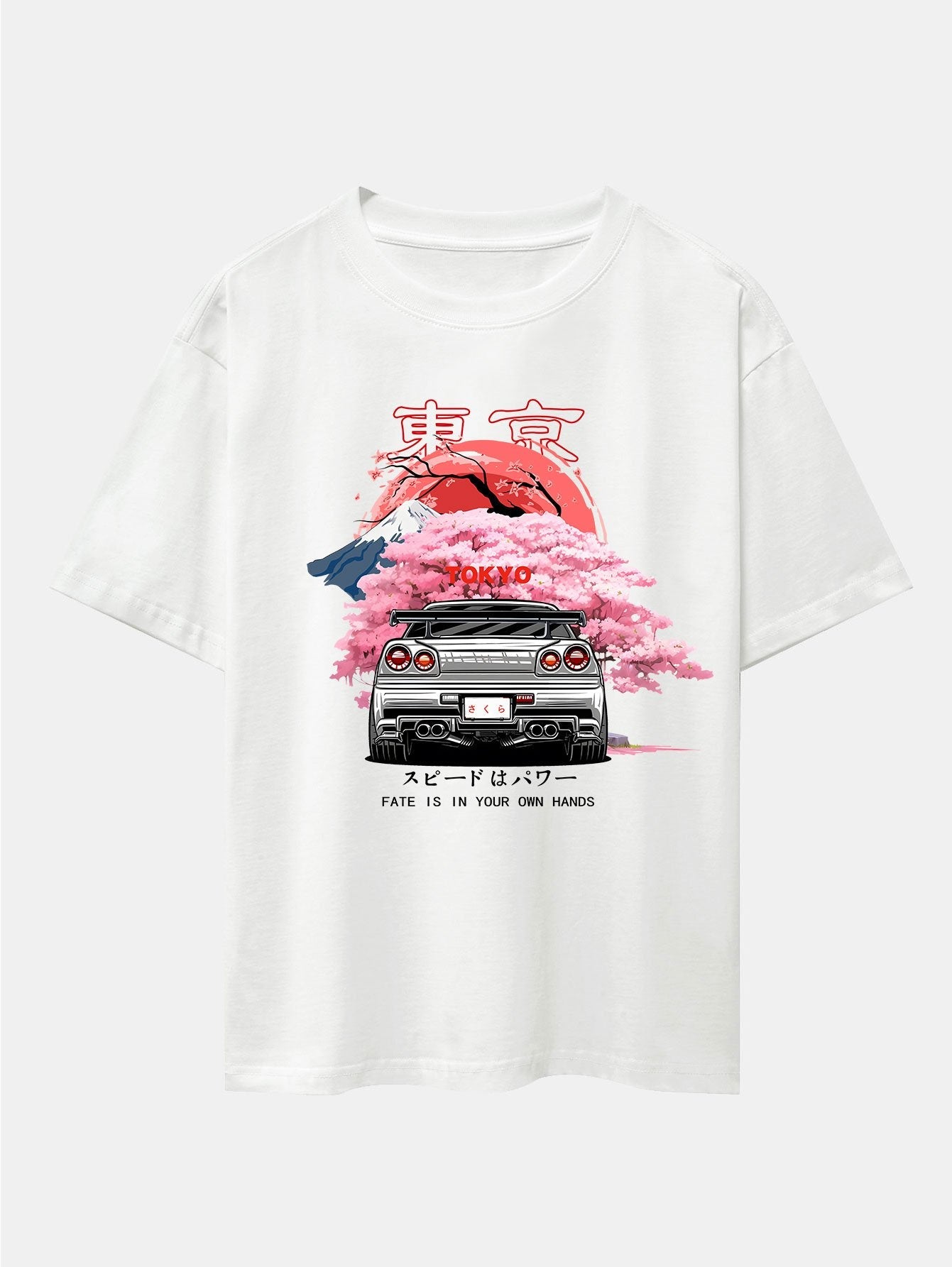 Tokyo Cherry Blossoms Car Print Drop Shoulder Oversize T-Shirt
