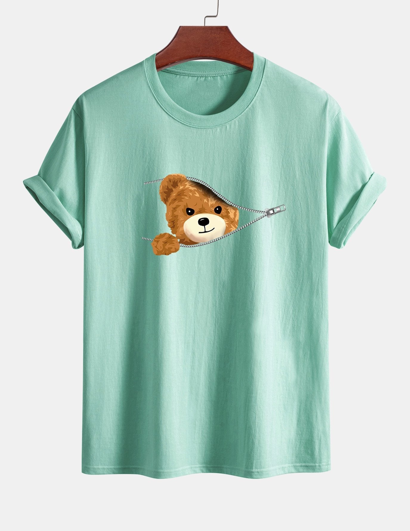 Regular Fit Zipper Bear Print Cotton T-Shirt