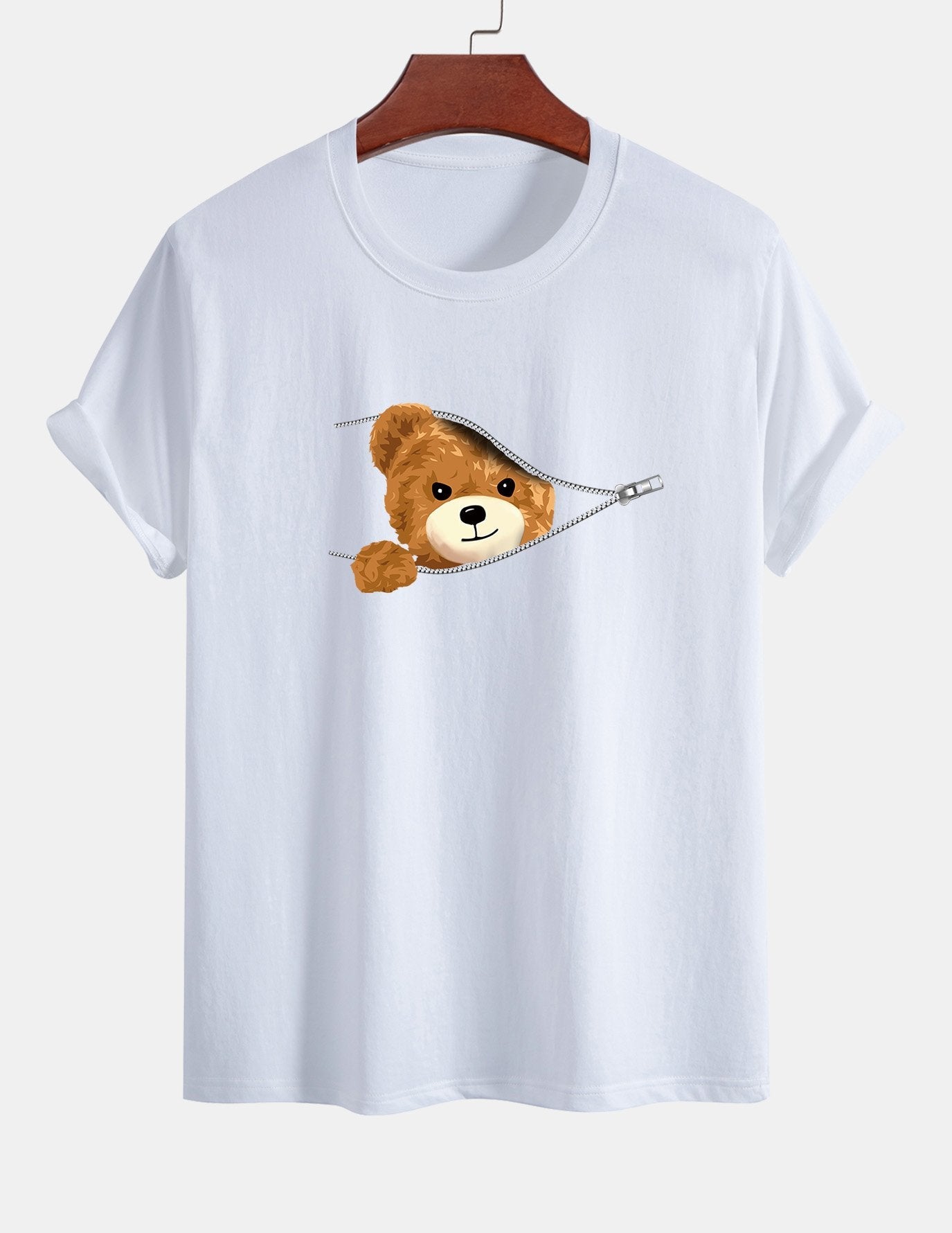 Regular Fit Zipper Bear Print Cotton T-Shirt