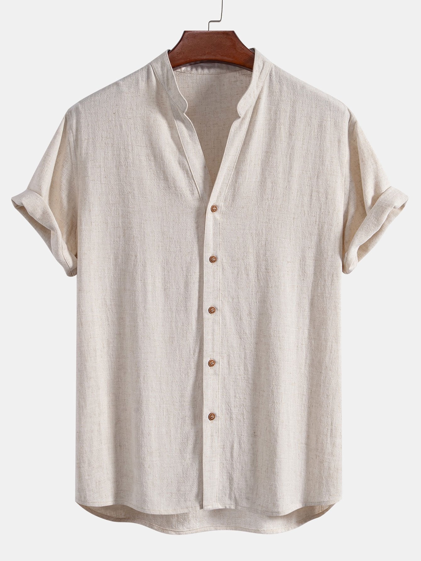 Short Sleeve V Neck Linen Rayon Blend Shirt & Linen Cotton Blend Drawstring Shorts