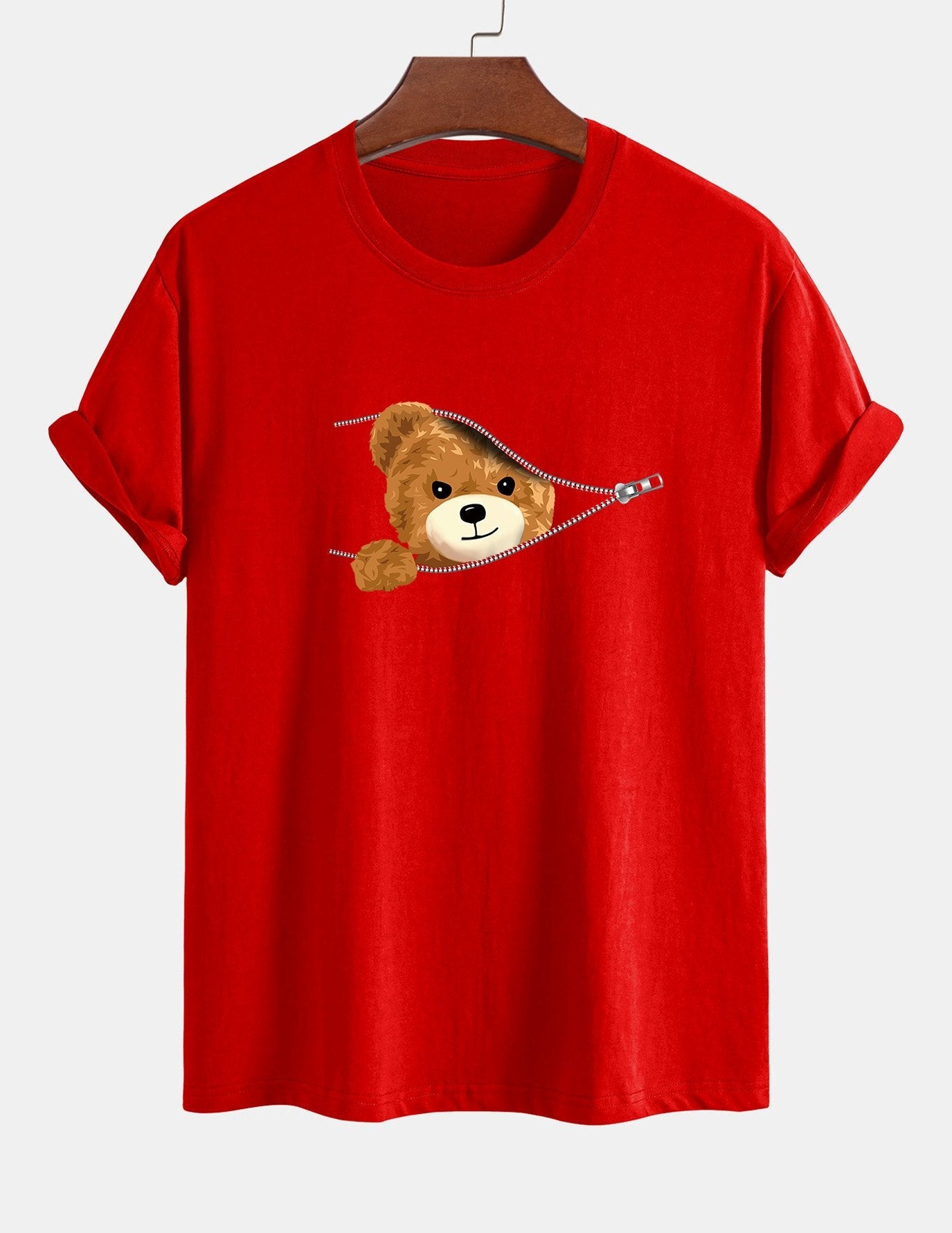 Regular Fit Zipper Bear Print Cotton T-Shirt