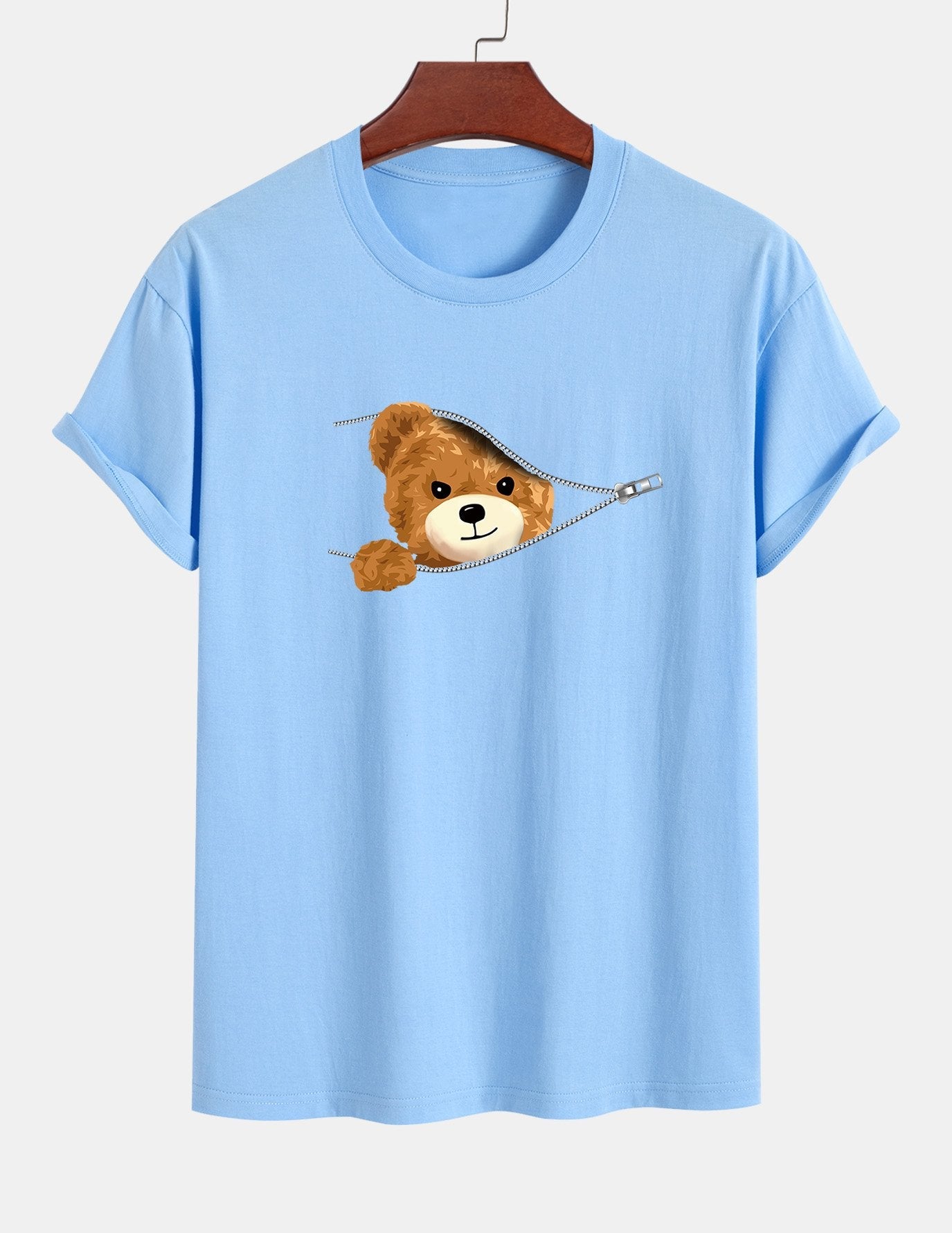 Regular Fit Zipper Bear Print Cotton T-Shirt