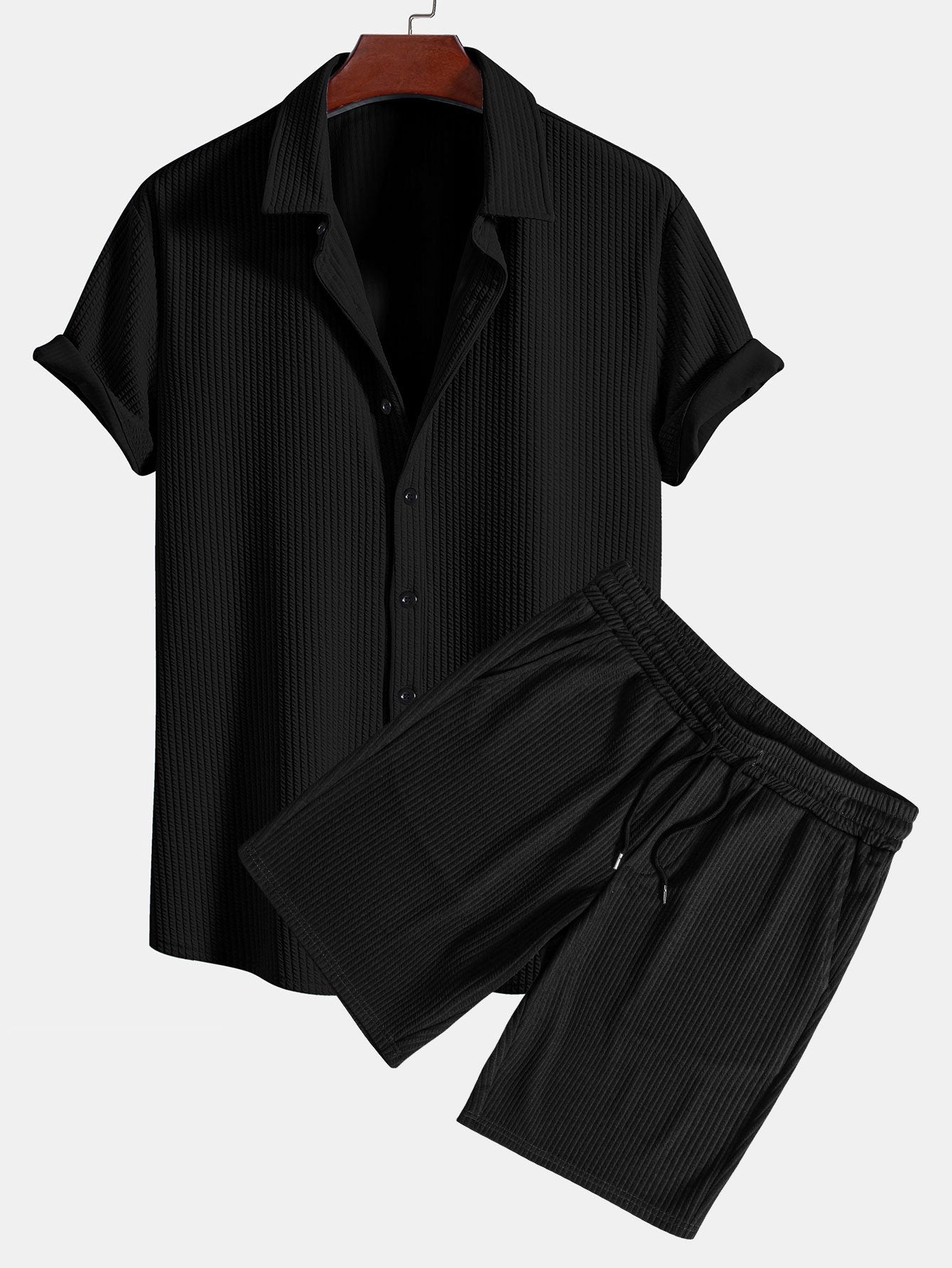 Muscle Fit Ribbed Button Up Shirt & Shorts