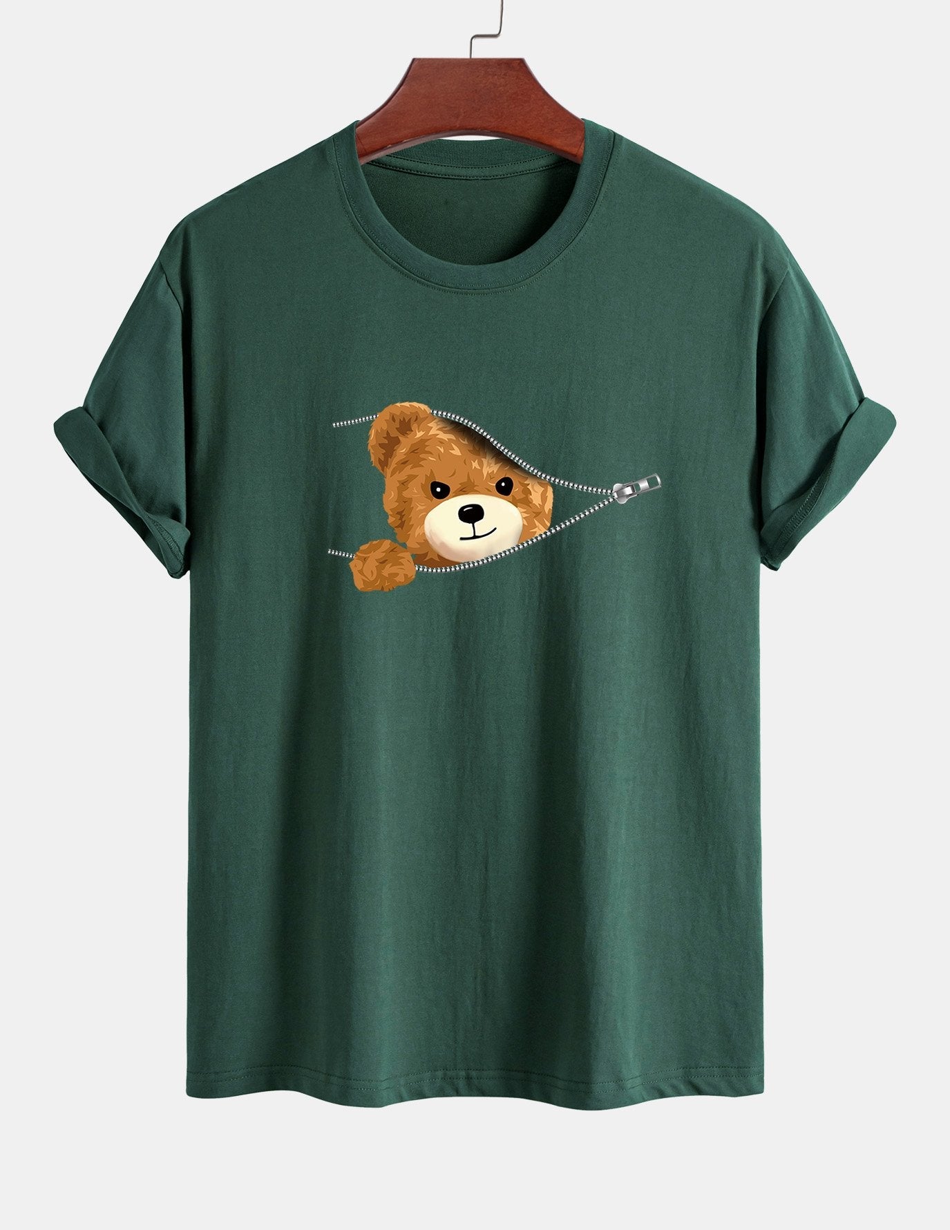 Regular Fit Zipper Bear Print Cotton T-Shirt