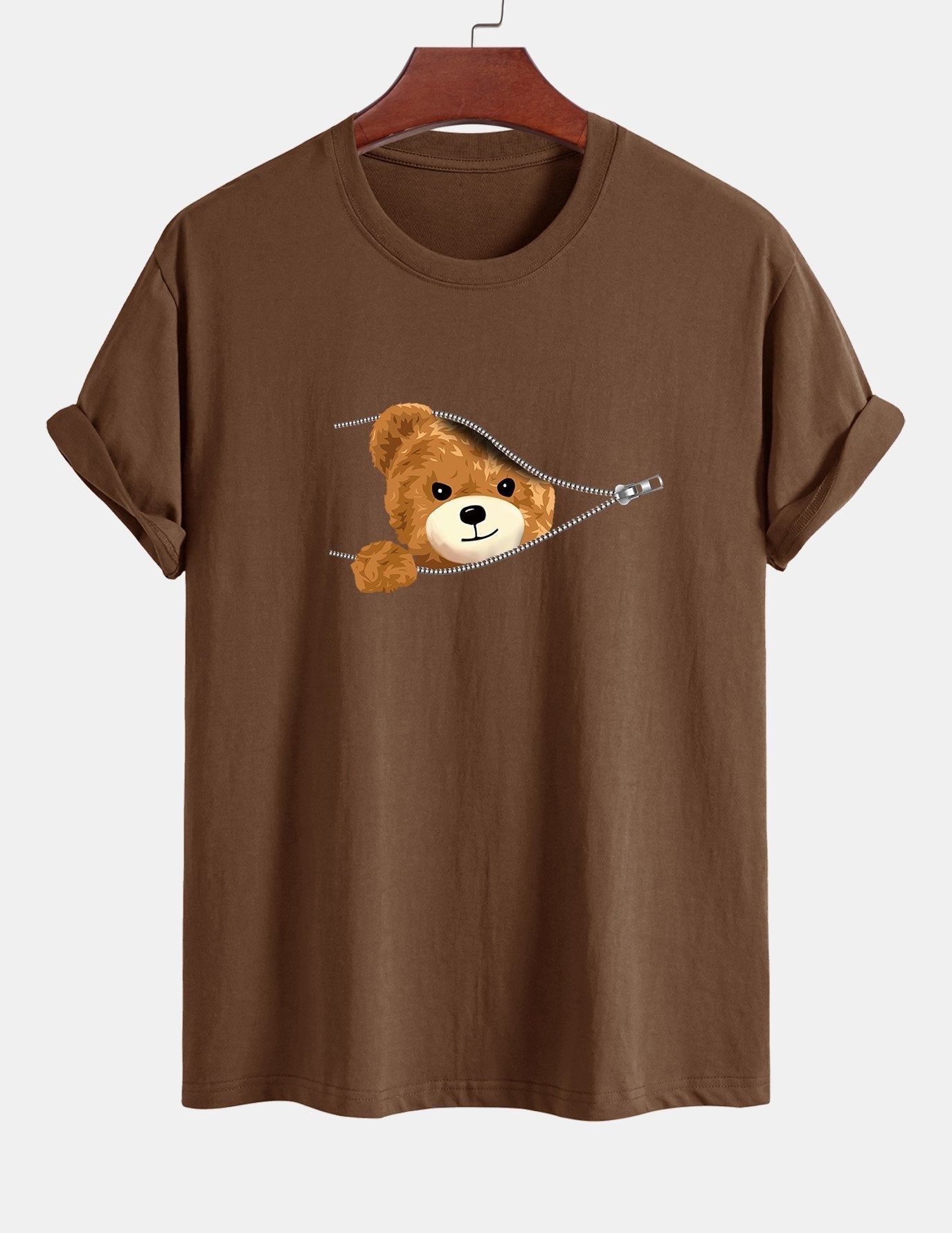 Regular Fit Zipper Bear Print Cotton T-Shirt
